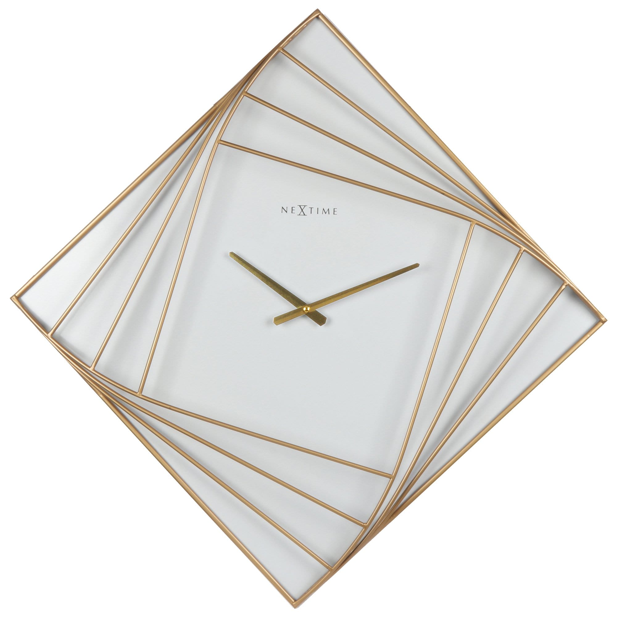 Large square metal wall clock by NeXtime Clocks, 85x85cm, featuring a modern turning square design.